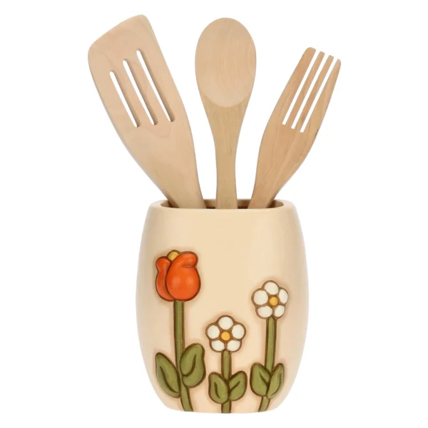 Portamestoli in ceramica con mestoli in legno Happy Country